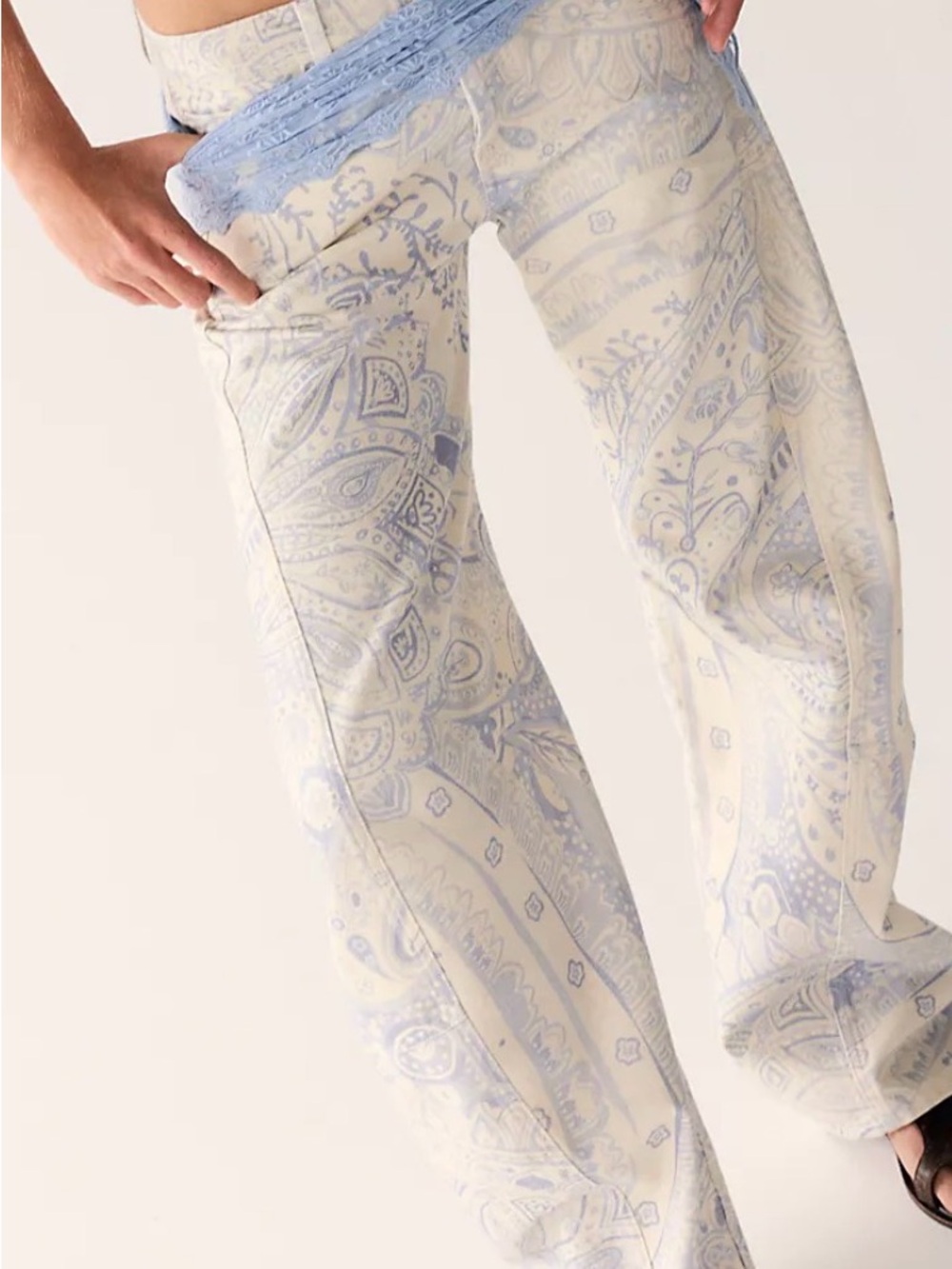 Free People Paisley Wide-Leg Pants in Ivory and Light Blue - Picture 3 of 3